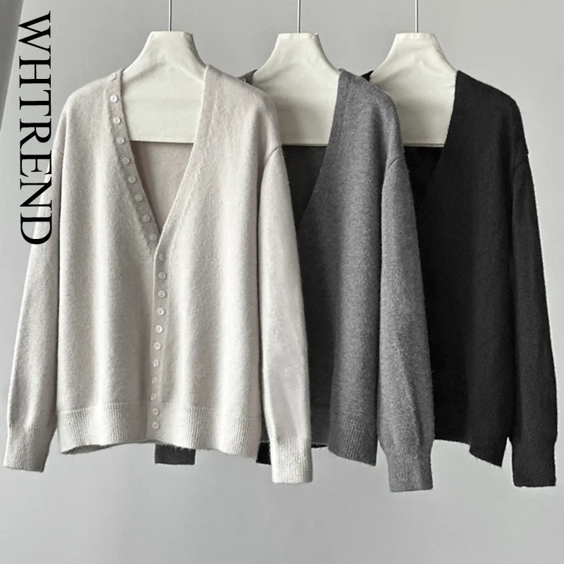 

WHTREND осень-зима новый элегантный дизайн вязаный кардиган с v-образным вырезом женский свитер с длинными рукавами и пуговицами Топ WH2049