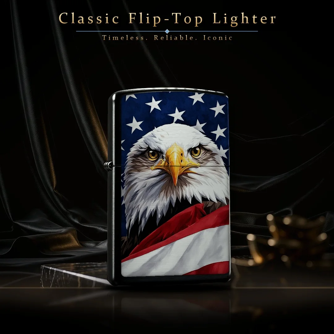Pocket Lighter, Bald Eagle with Swirling American Flag Print, Flip-Top Windproof Design, Metal Case, Anti-Slip Grip, Portable & Durable for Everyday Use