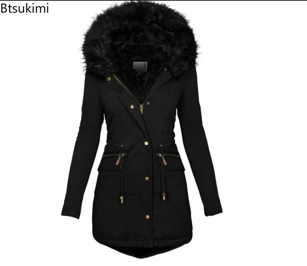 Women's Autumn Winter Thicken Solid Faux Fur Collar Hooded Parka Coat Mid Length Windproof Warm Zipper Slim Cotton Jackets Women