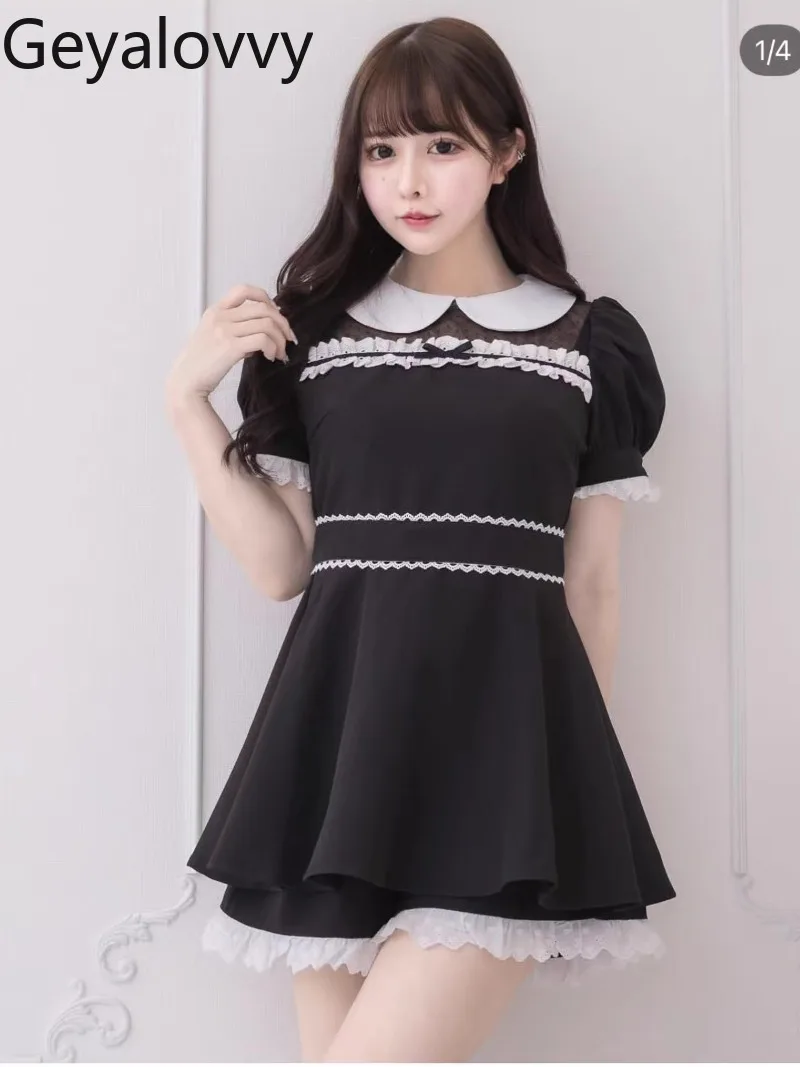 Estate giapponese nuova bambola colletto top pizzo ricamato dimagrante bolla abito a maniche corte + gonna corta inferiore set a due pezzi