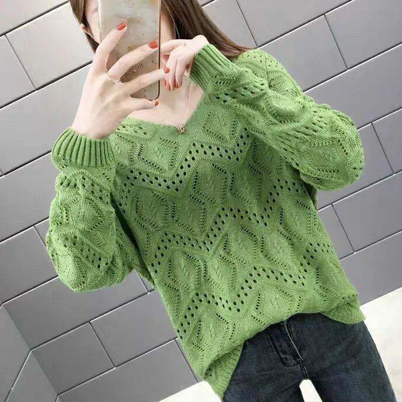 Spring Autumn Solid Hollow Out Jumper Women V-neck Elegant Fashion All-match Pullover Korean Style Sweet Sweater Female Clothes