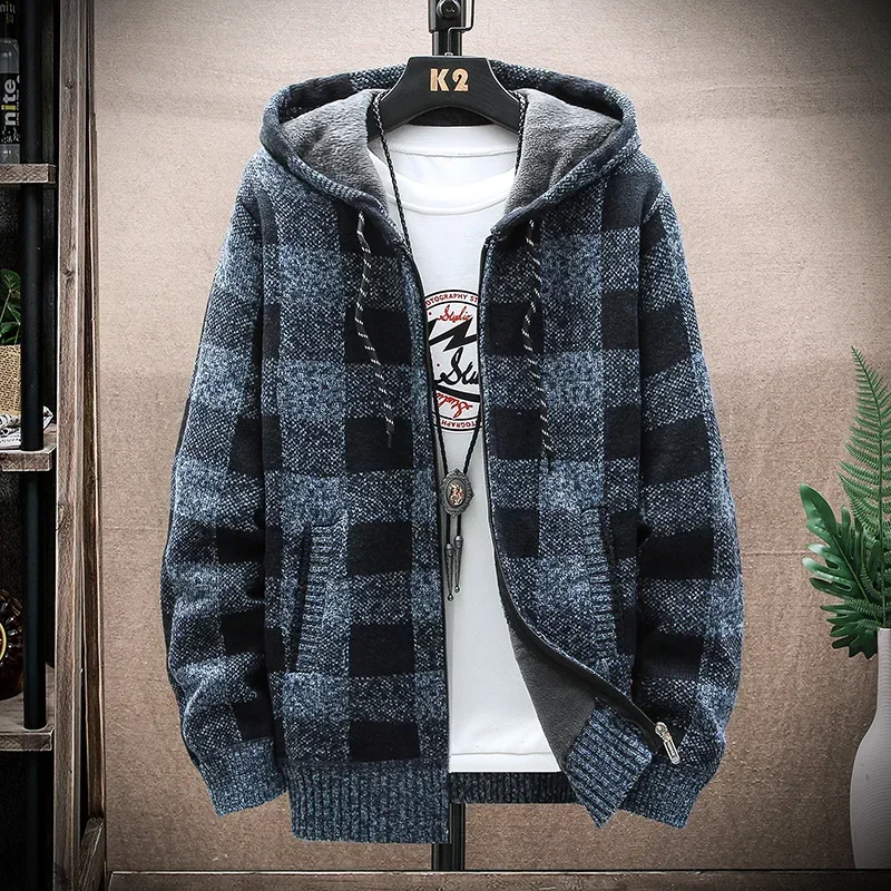 Knitted Cardigan Sweater Fall/Winter New Fleece Male Jacket Men\'s Clothing Plaid Printed Long Sleeve Warm Hooded Sweater Coat