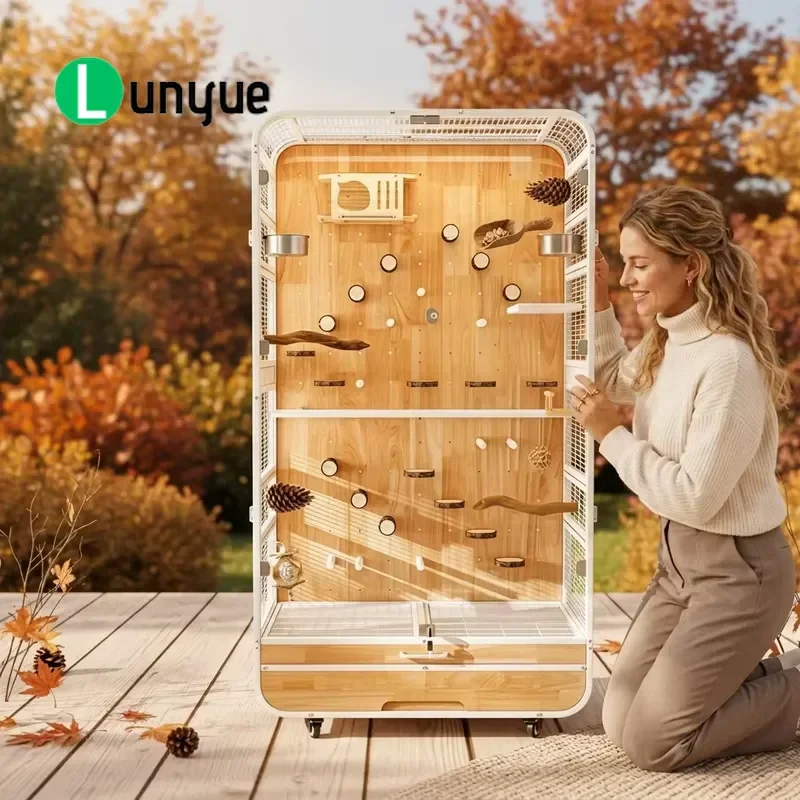 Luxury Solid Wood Bird Cage with Panoramic Glass Large Space Multi Layer Safe Closed Design for Pet Birds Home Decor