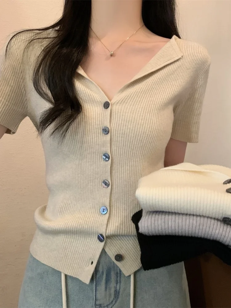 

Korean Sle V-Ne Knitted ort Sve Cardigan Thin Summer New Design Flip Collar Jaet ort Top for Women
