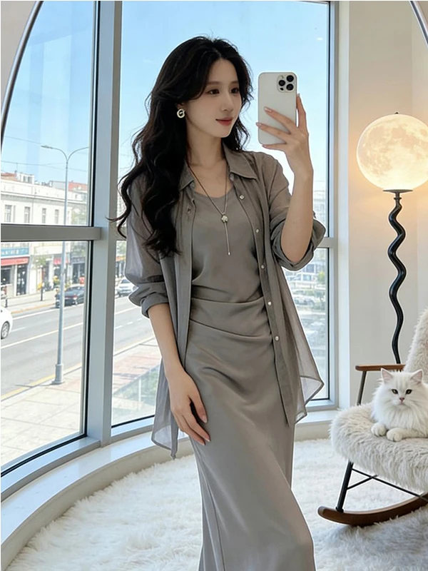 Summer New Style Slimming Two-Piece Set Elegant Draped Satin Dress with Sun Protection Shirt Long Sleeve Casual Wear for Women view 4