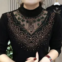 2023 Autumn and Winter Women's Pullover Half High Neck Lace Hollow Out Rhinestone Slim Underlay Fashion Casual Long Sleeve Tops