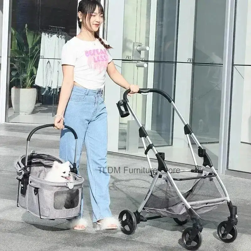 Basket Stroller For Going Out Foldable Cart With Detachable Lightweight Outdoor Travel Pet Dog Stroller Puppy And Cat Trolley