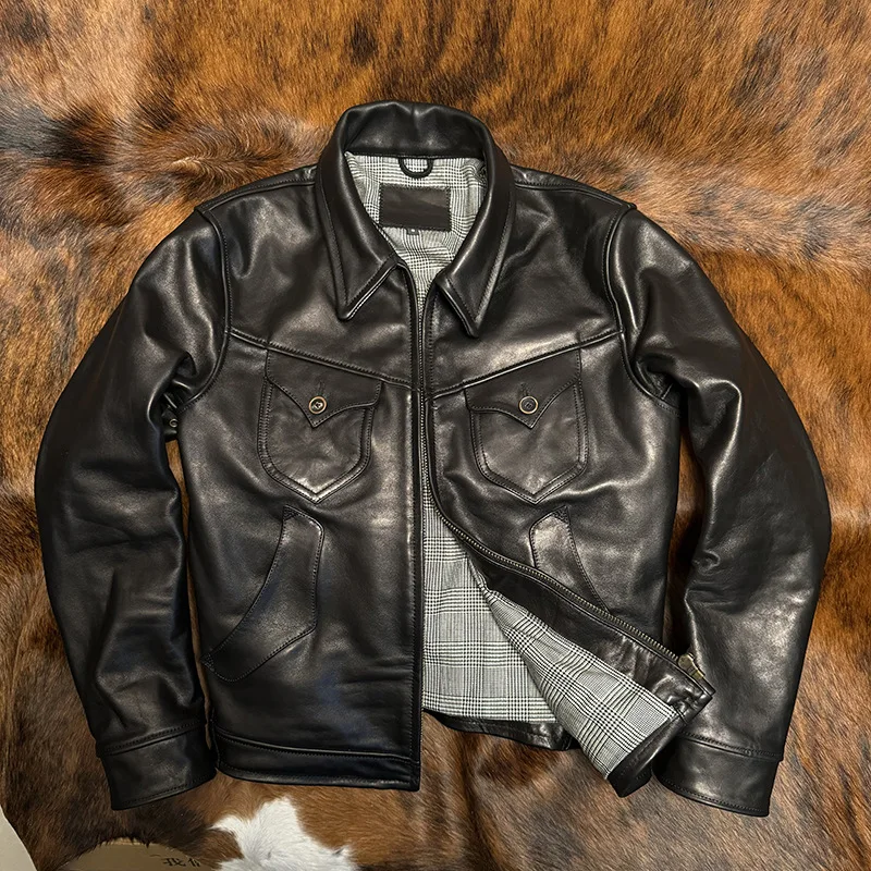 Uncoated Full Grain Calfskin Leather Jacket Batik Cowhide American Motorcycle Men Women Chaqueta Cuero Moto Vintage