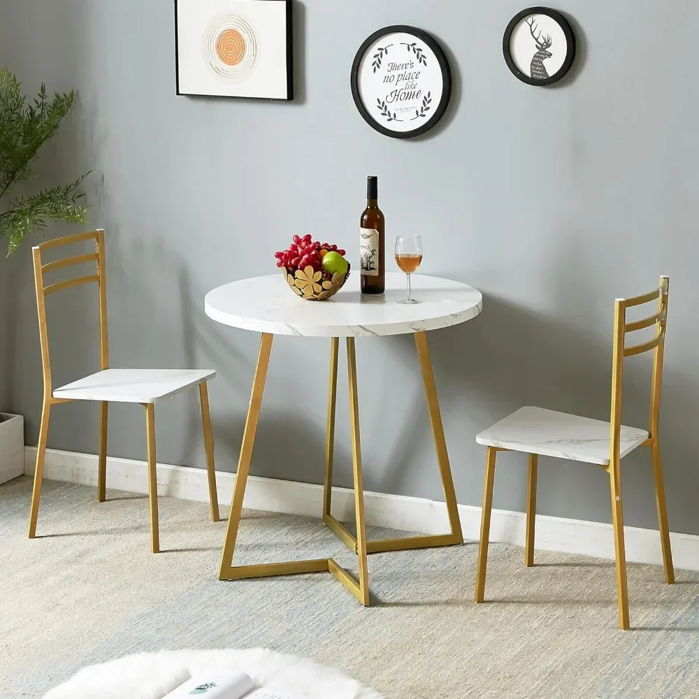 Small Round Dining Table Set for 2, Wood Marbled Tabletop with Steel Frame, Modern Dinette with Chairs for Kitchen