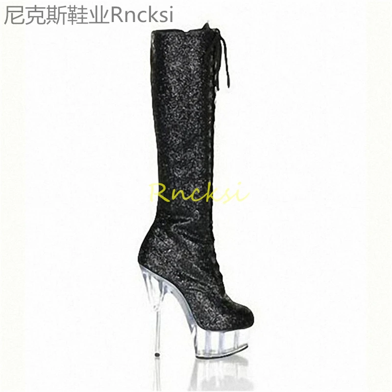 

15cm High-heeled boots, thick soles, versatile front lace, thin heels, transparent soles, fashionable middle boots.