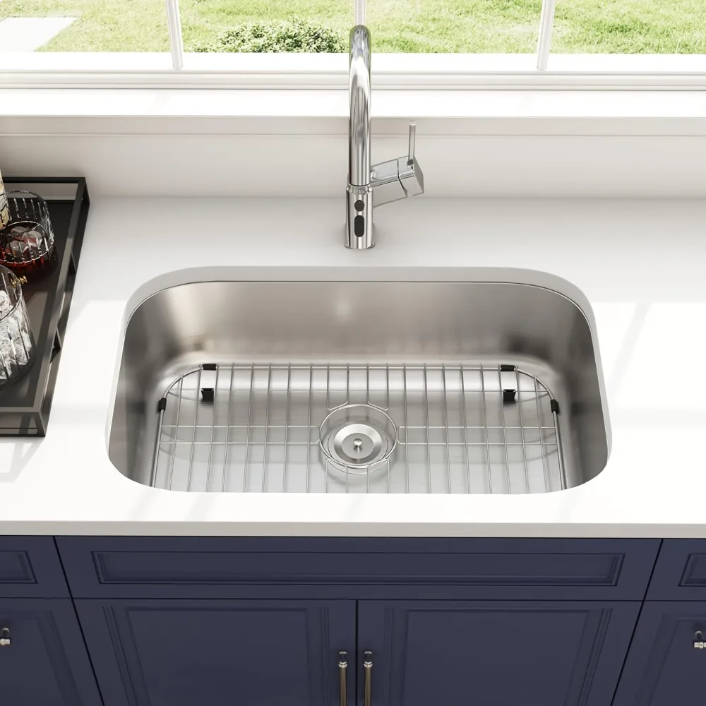 حوض مطبخ سفلي 18 مقياس من الفولاذ المقاوم للصدأ وعاء واحد واسع على شكل منحني زاوية مستديرة أحواض عميقة مع سلة S #3