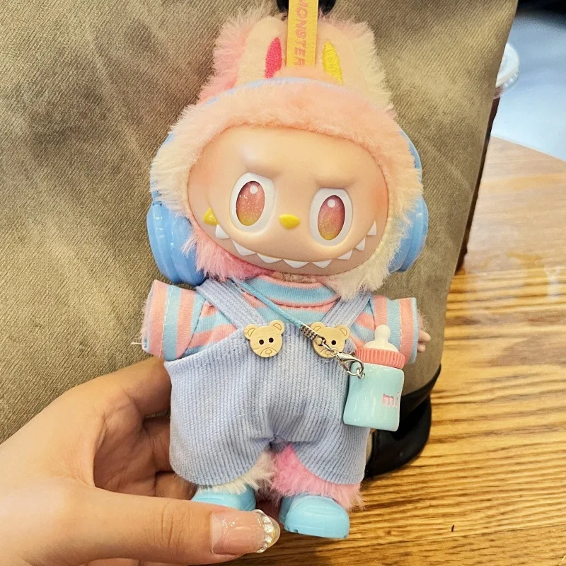

15/17 Cm LABUBU Doll Clothes 1st 2nd 3rd Gen 5-Piece Set Striped Button Overalls Milk Bottle Camera Headphones Outfits