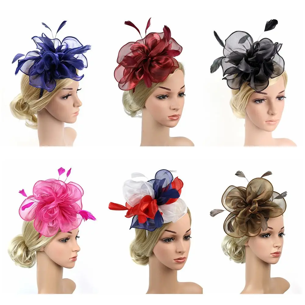 Top Hat Royal Ascot Race Flower Mesh Headband Fascinator Hats Headwear Cocktail Tea Party Feather Flower Headband