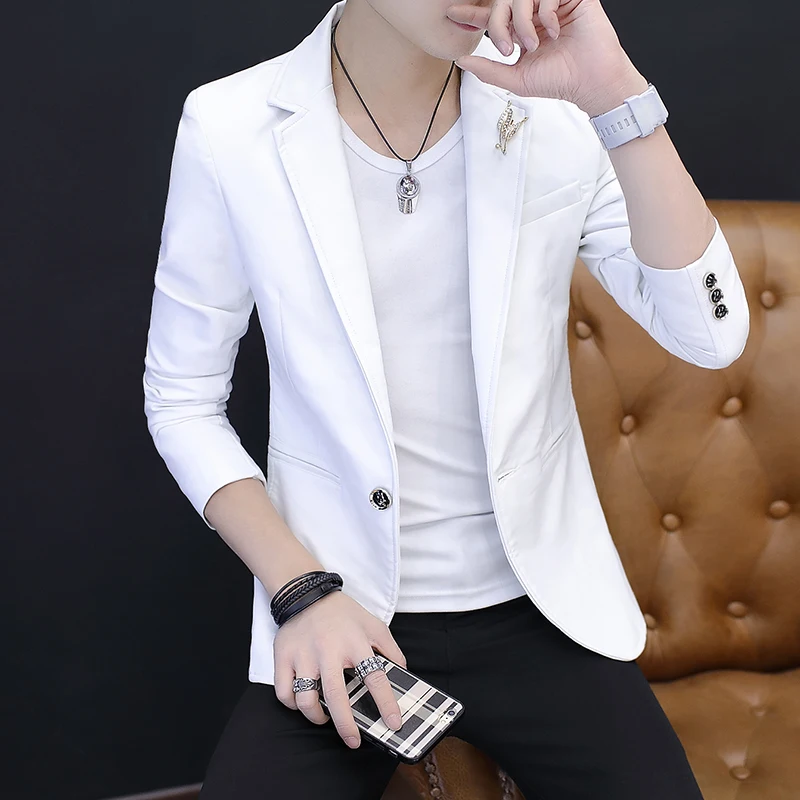 Youthful Personality Leather Jacket Slim Fit Men's Suit Fashionable Long Sleeve Coat Standard Edition No Ironing Required