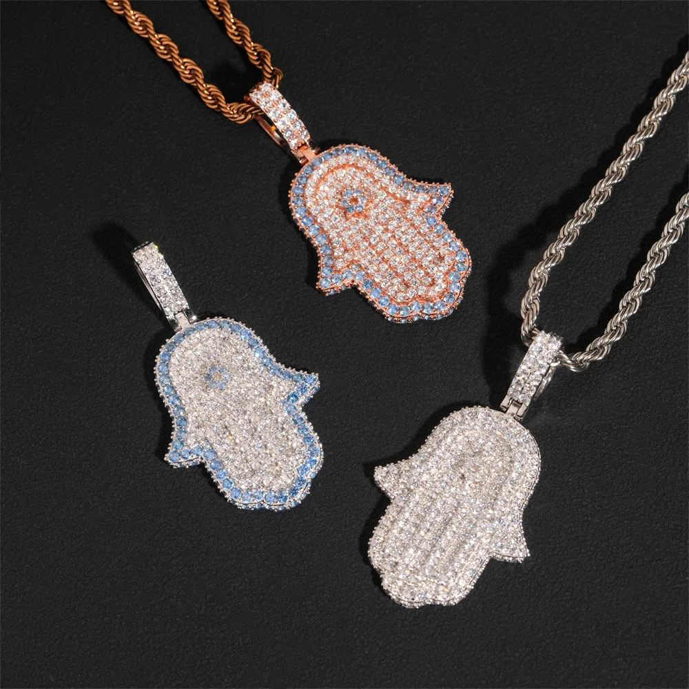 Iced Bling 5a Zircon Hamsa Pendant 925 Sterling Silver Hiphop Rock Fatima Hand Necklaces Women Men  with Rope Chain Wholesale
