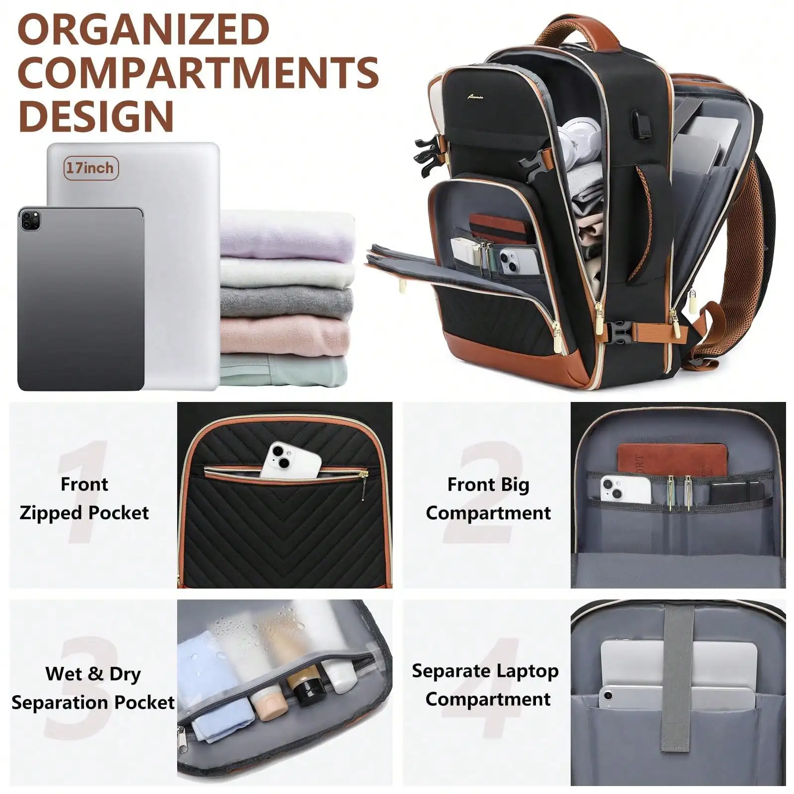 Large Carry On Travel Backpack: Flight Approved 40L Waterproof TSA Personal Item Daypack For Women Weekender Bag Fit 17inch Laptop Luggage Backpack Traveling Business With USB Port And 3 Packing Cubes