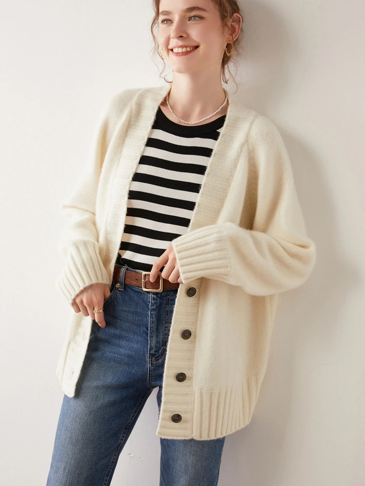 New Chic Women 100% Cashmere Sweater V-neck Cardigan Casual Simple Style Cashmere Knitted Coat Autumn Winter Thick Warm Clothing