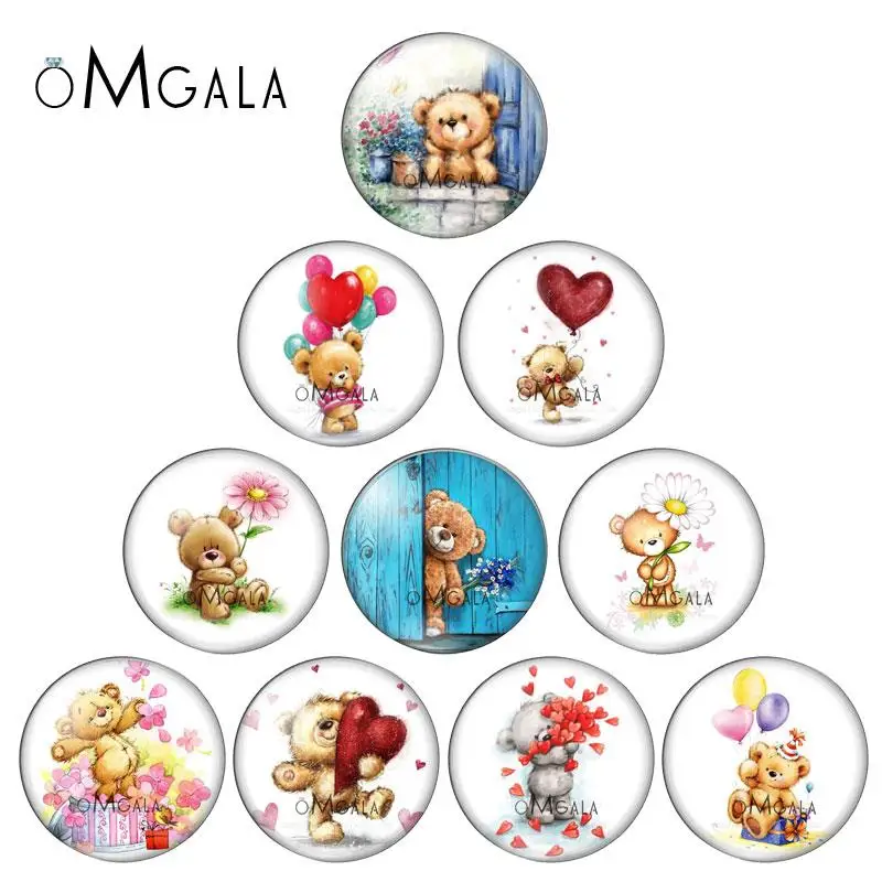 Cartoon Lovely Bear With Flowers 10pcs 12mm/14mm/16mm/18mm/20mm/25mm Round photo glass cabochon demo flat back Making findings