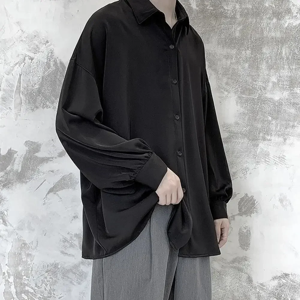 Lapela manga longa camisa masculina de peito único primavera outono solto ajuste camisa de cor sólida com gravata