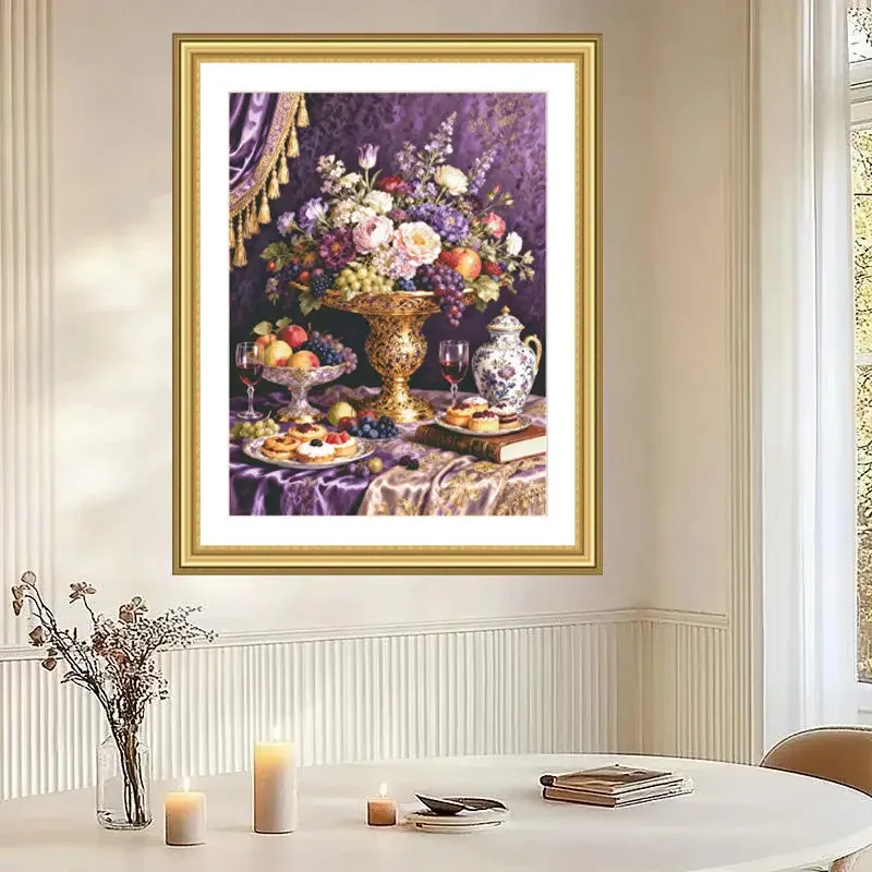 【ZZ8580-Purple Charm & Golden Radiance】 | Beginner DIY Stamped Cross Stitch Kit 11CT 14CT 16CT, Pre-Printed Canvas Cotton Thread