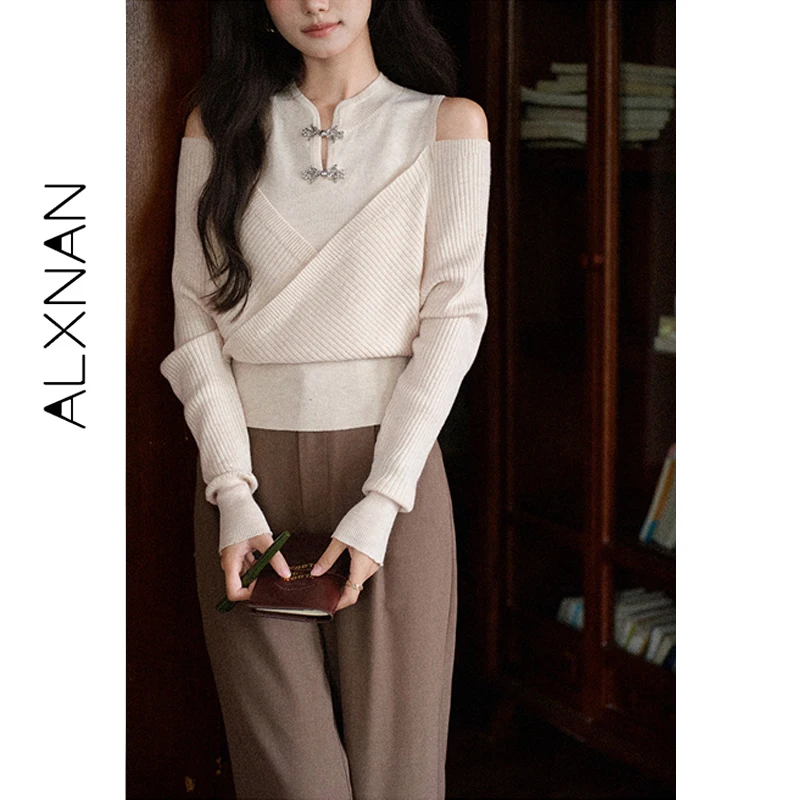 ALXNAN Women's New Chinese Style Off Shoulder Frog Button Knit Top Apricot Cross Front Long Sleeve Pullover Autumn L569109