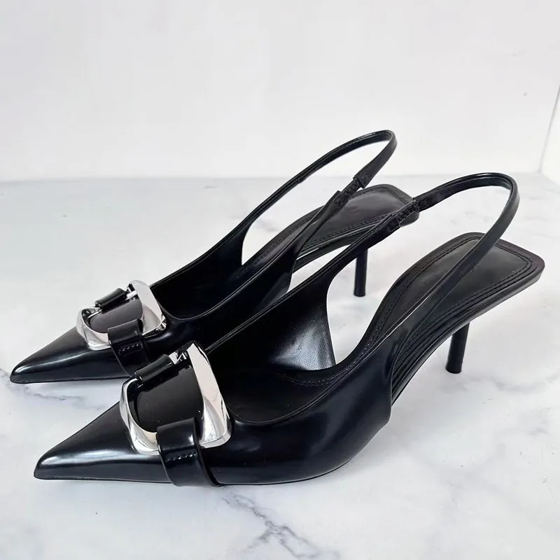 

PSEEWE Black Women Pumps 2024 Square Buckle Fashion Pointed Slingbacks High Heels Women Sandals Elegant Office Lady Heed Shoes