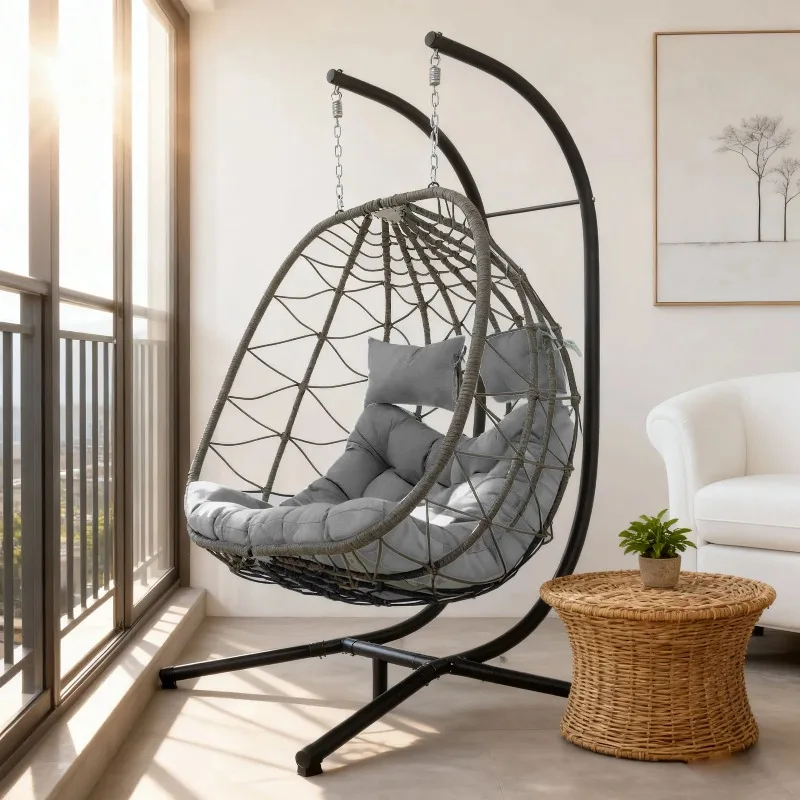 

NEW Egg Swing Chair with Stand Cushion Strong Load Bearing 2 Person Hanging Wicker Hammock for Indoor Outdoor Garden Patio