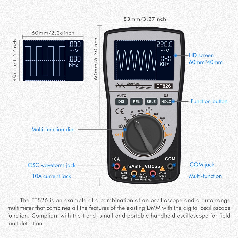 DC/AC ET826 Multimeter 2-in-1 Intelligent Digital Oscilloscope Current Voltage Resistance Frequency Diode Tester 4000 Counts