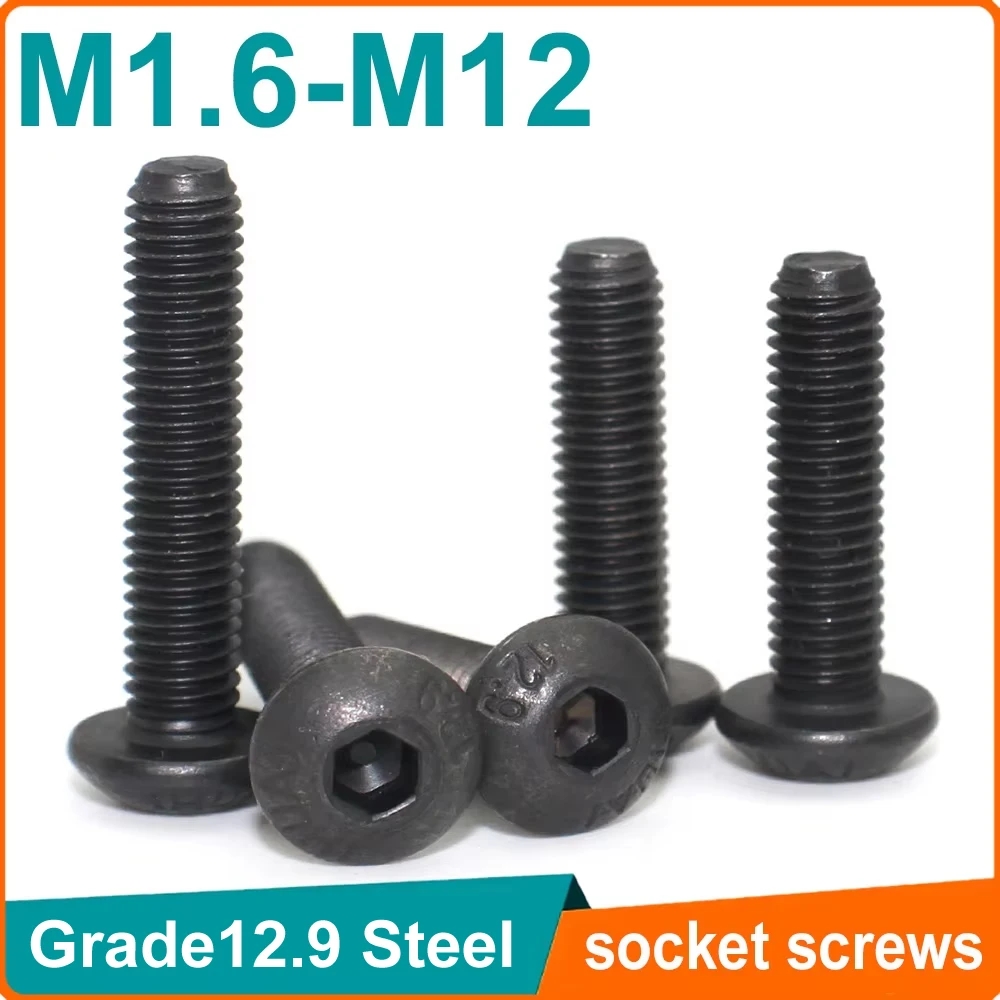 Grade12.9 Steel M1.6 M2 M2.5 M3 M4 M5 M6 M8 M10 M12 ISO7380 Hex Hexagon Socket Round Button Head Screws Bolt 50/20/10/5/2Pcs