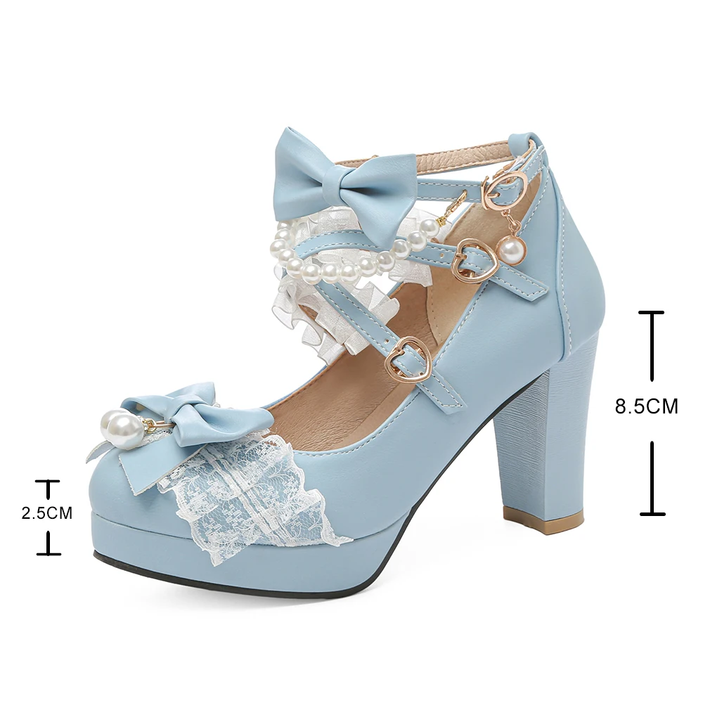 Cross Strap Pearl Women High Heels Mary Jane Pumps Party Wedding White Pink Black Strawberry Bow Princess Cosplay Lolita Shoes - view 6