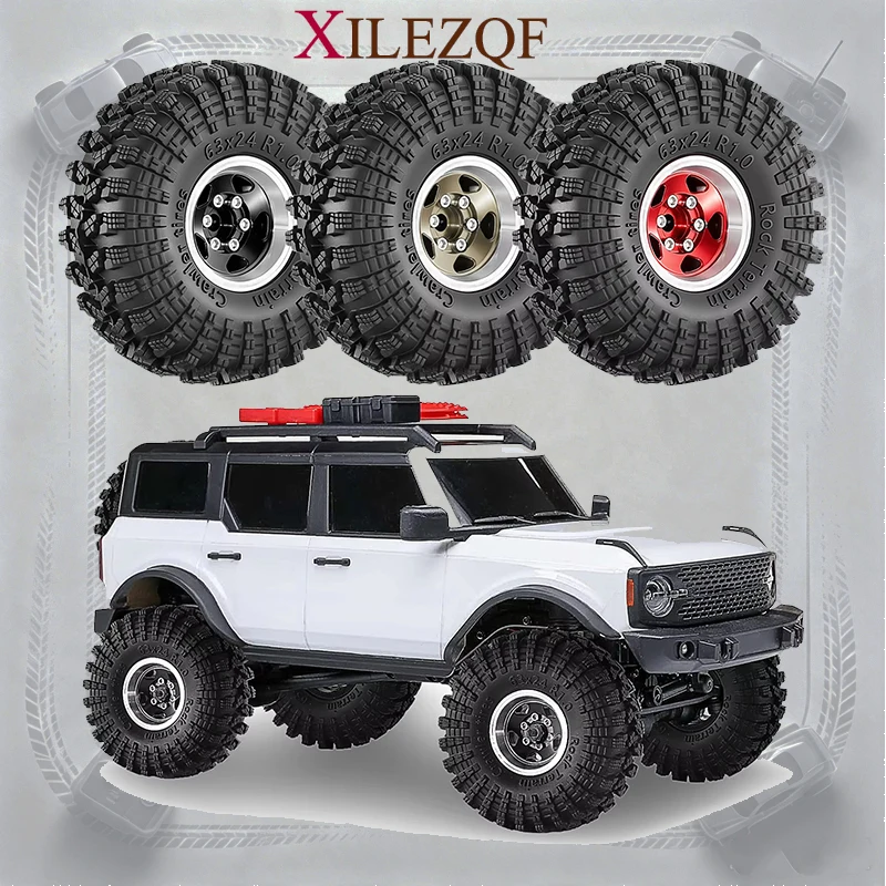 4Pcs 1.0 Inch 63mm Beadlock Wheel Hub & Tire Set for 1/18 1/24 RC Crawler Car TRX4M Axial SCX24 AX24 FMS FCX24 Upgrade Parts