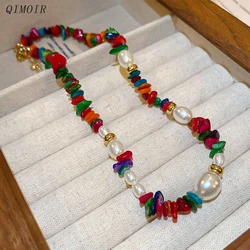 Semi-precious Stones Imitation Pearl Beaded Necklace For Women Colorful Bohemia Fashion Jewelry Holiday Accessories Gifts C1656