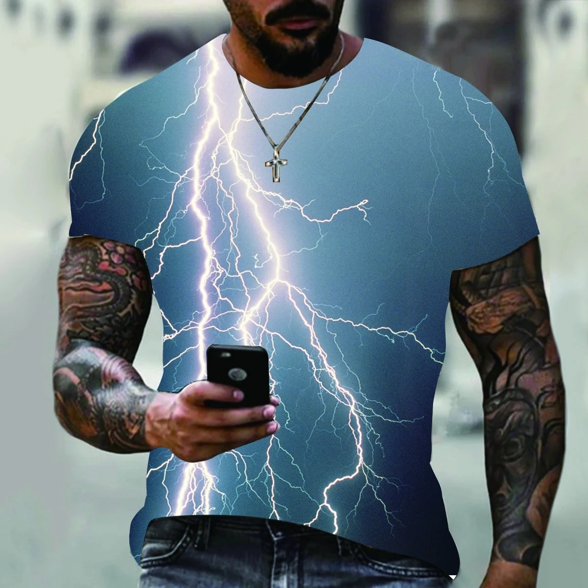 2023 Summer New Casual Lightning Cooling Men\'s Plus Size T-shirt Street Elements Popular Print Men\'s Round Neck Short Sleeve