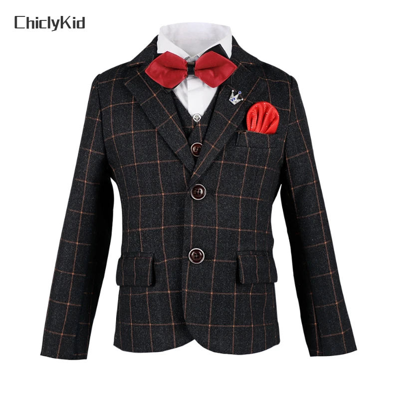 

High Quality Boys Plaid Wedding Suit Kids Blazer Tuxedos Formal Dress Clothes Sets Child Uniforms Toddler Morning Coat Costumes