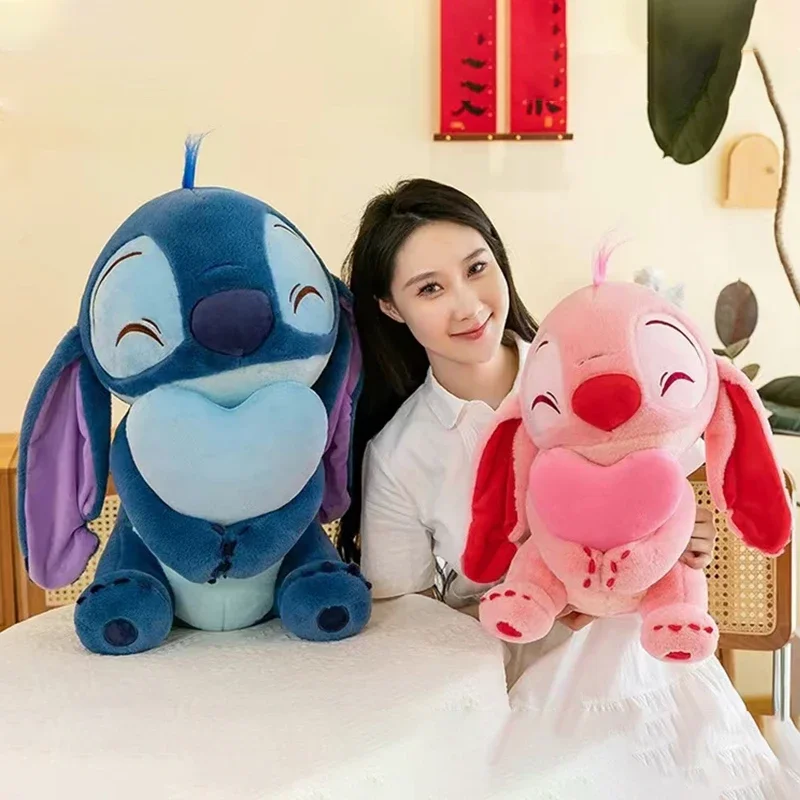 30-80CM New Disney Lilo & Stitch Heart-shaped Doll Cartoon Angel Plush Toy Anime Soft Stuffed Kawaii Children's Birthday Gift