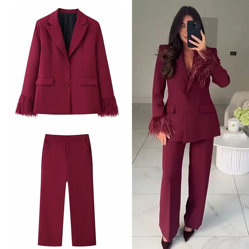

Женский костюм и брюки, комплект из двух предметов, элегантный пиджак с длинными рукавами и перьями, пальто + широкие брюки, комплекты из 2 предметов, шикарная женская одежда