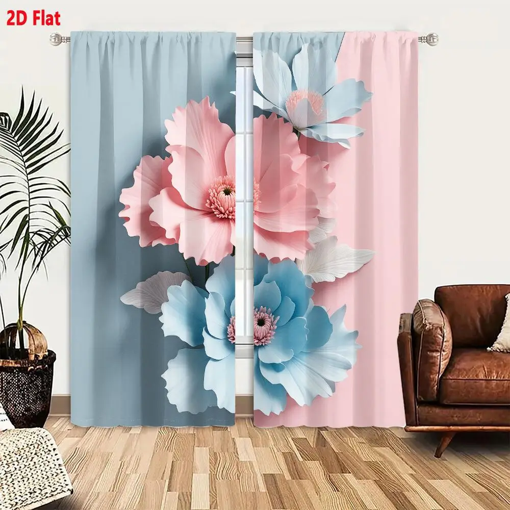 2Pcs Curtains 2D Flat Large Paper - like Flowers Delicate Petals Light Blue And Soft Pink Background Different Shades Floral Des