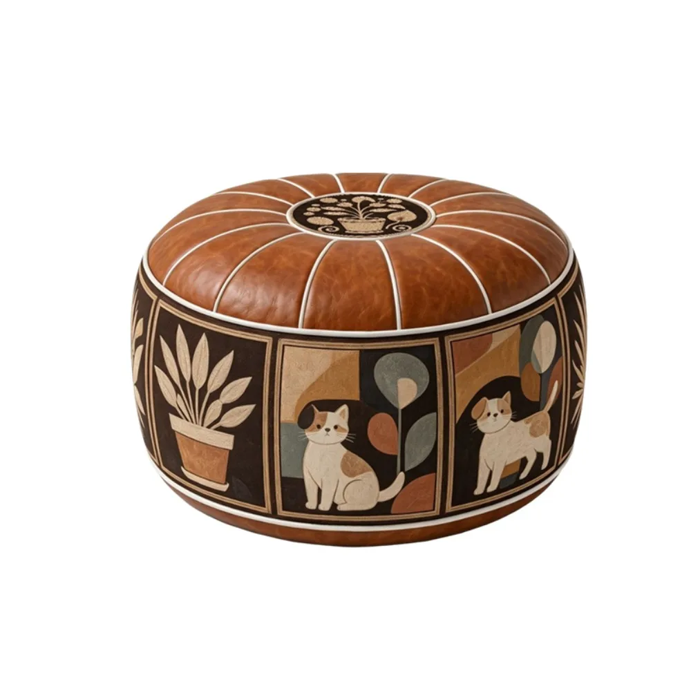 PU Leather Oil Painting Pattern Stool Cover Unfilled Waterproof Pouf Cover Rustic Style Round Floor Seat Cushion Living Room