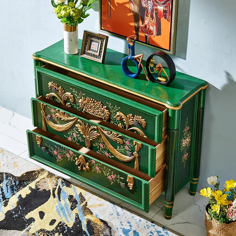 

Three-Bucket Cabinet Retro Style Storage Solid Wood Cabinet Living Room Wall Carved Chest of Drawers Storage Cabinet Bedroom