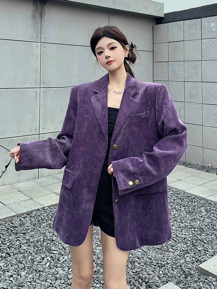 Vintage corduroy blazer for women 2026 Spring Fashion Single breasted Notched collar jacket Loose Collection Ladies coat 5O125