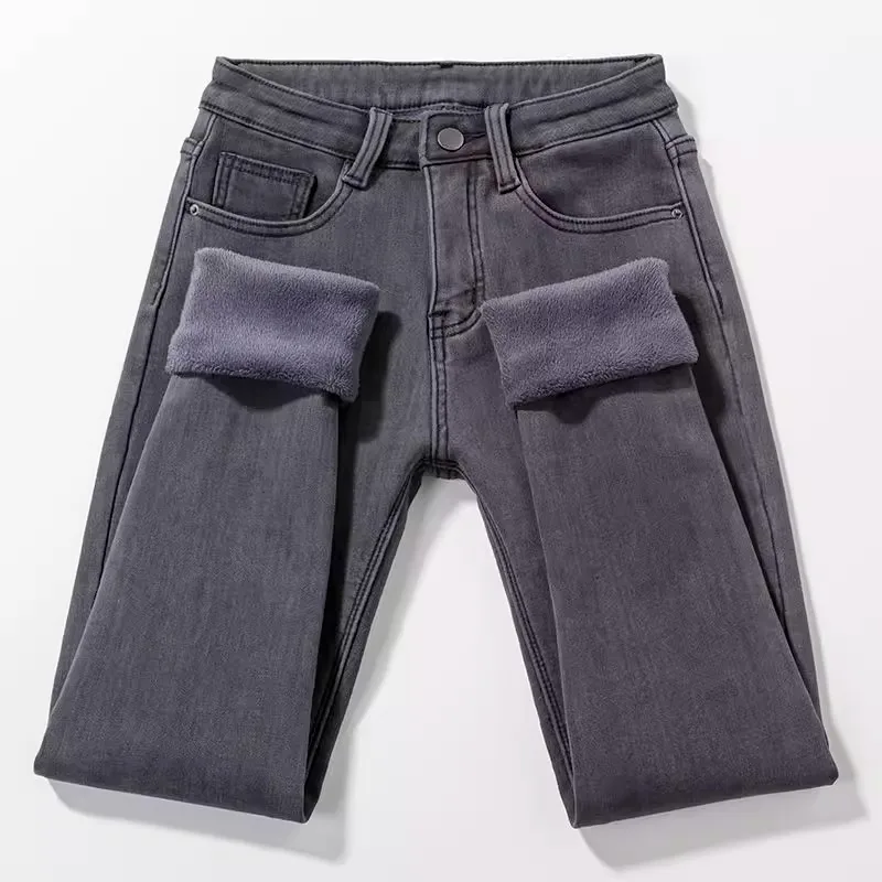 

Women's High Waist Fleece Lined Denim Jeans Thickened Elastic Winter Warm Long Trousers Korean Style Slim Fit Pencil Pants