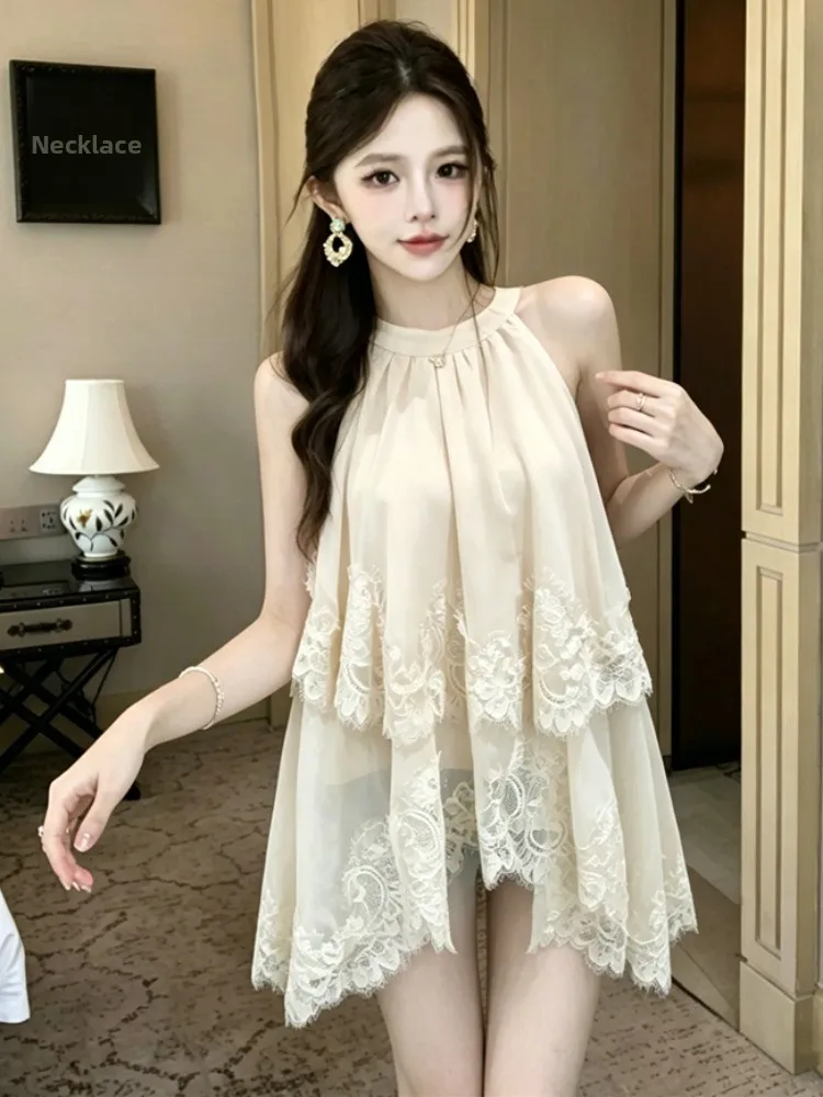 

Korean Style Summer New Loose Lace Splice Neck Hanging Strap Vest Women's Sleeveless Doll Shirt Top Breathable Citywalk Fashion