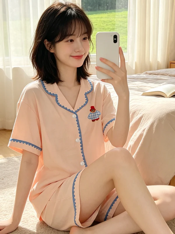 Comfortable Cloud Cotton Short Sleeve Sleepwear Women's Summer Thin Casual Cartoon Home Sweet Set Short Pants Nightgown 4