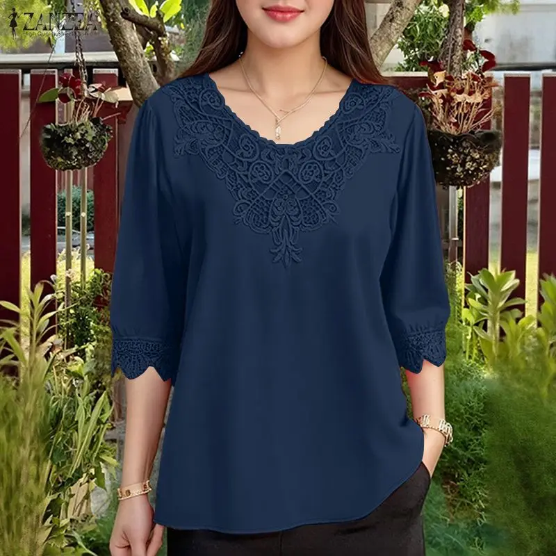 2025 ZANZEA Summer Women Tops Elegant Office Work Shirt Stylish V Neck Lace Patchwork Blouse Casual Half Sleeve Blusas Oversize