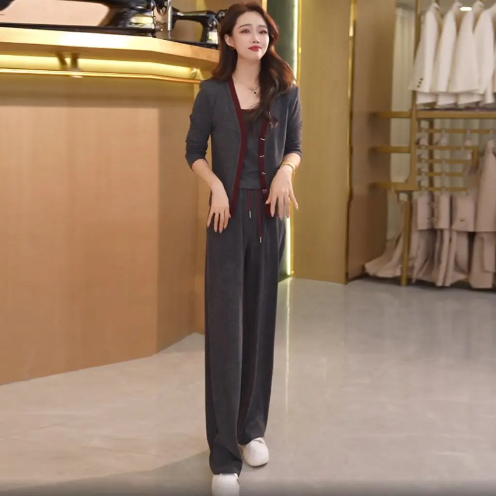 

Женский осенний модный повседневный утягивающий костюм, комплект из трех предметов, серый кардиган, камзол, широкие брюки, стильный открытый кардиган