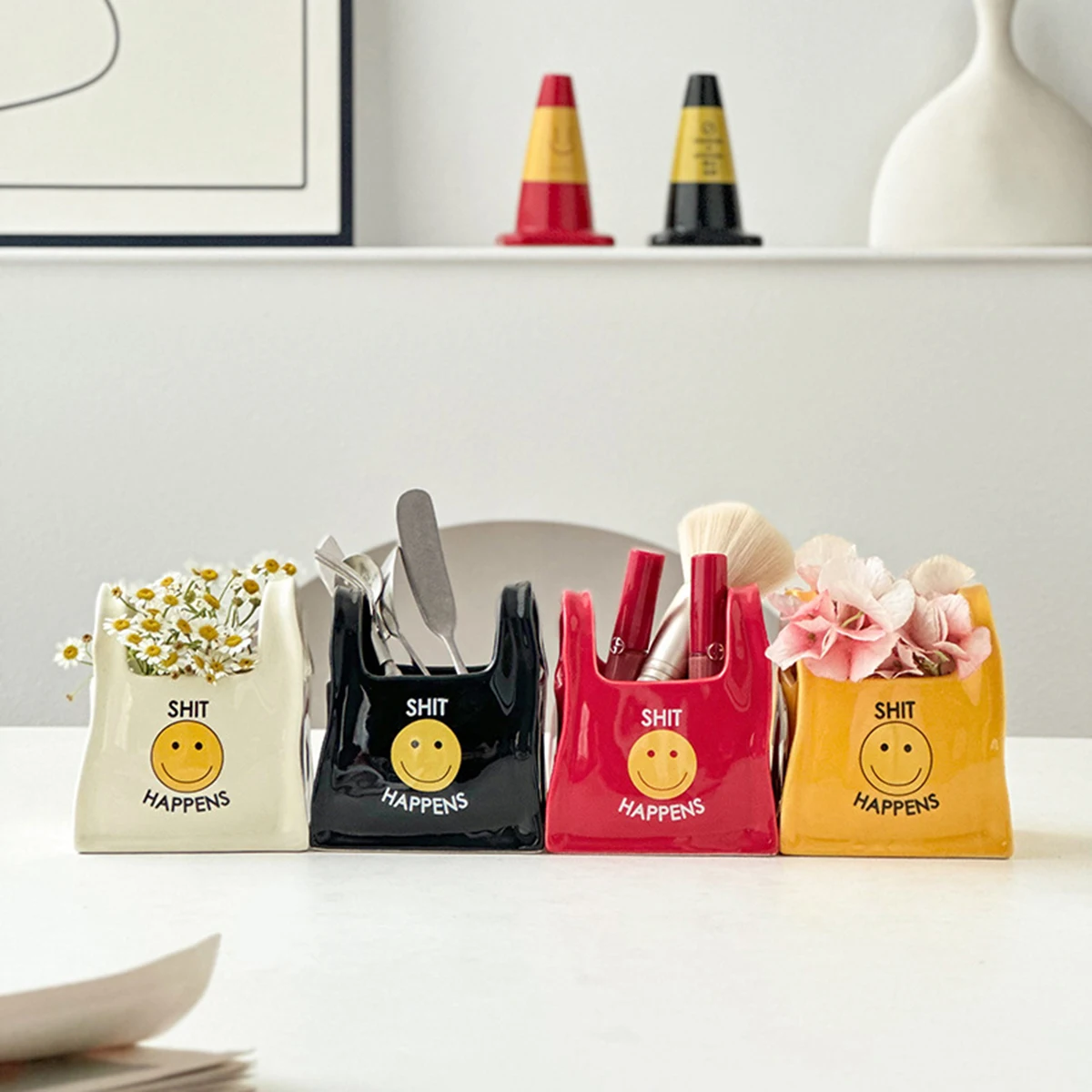 Ceramic Smiley Jar - Minimalist Desktop Storage for Pens Keys Trinkets, Positive Vibes Home Decor