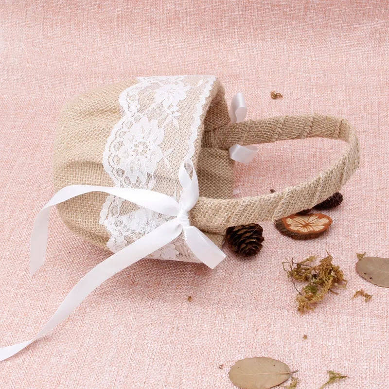 

Romantic Bowknot Burlap Wedding Ceremony Party Rose Flower Girl Basket