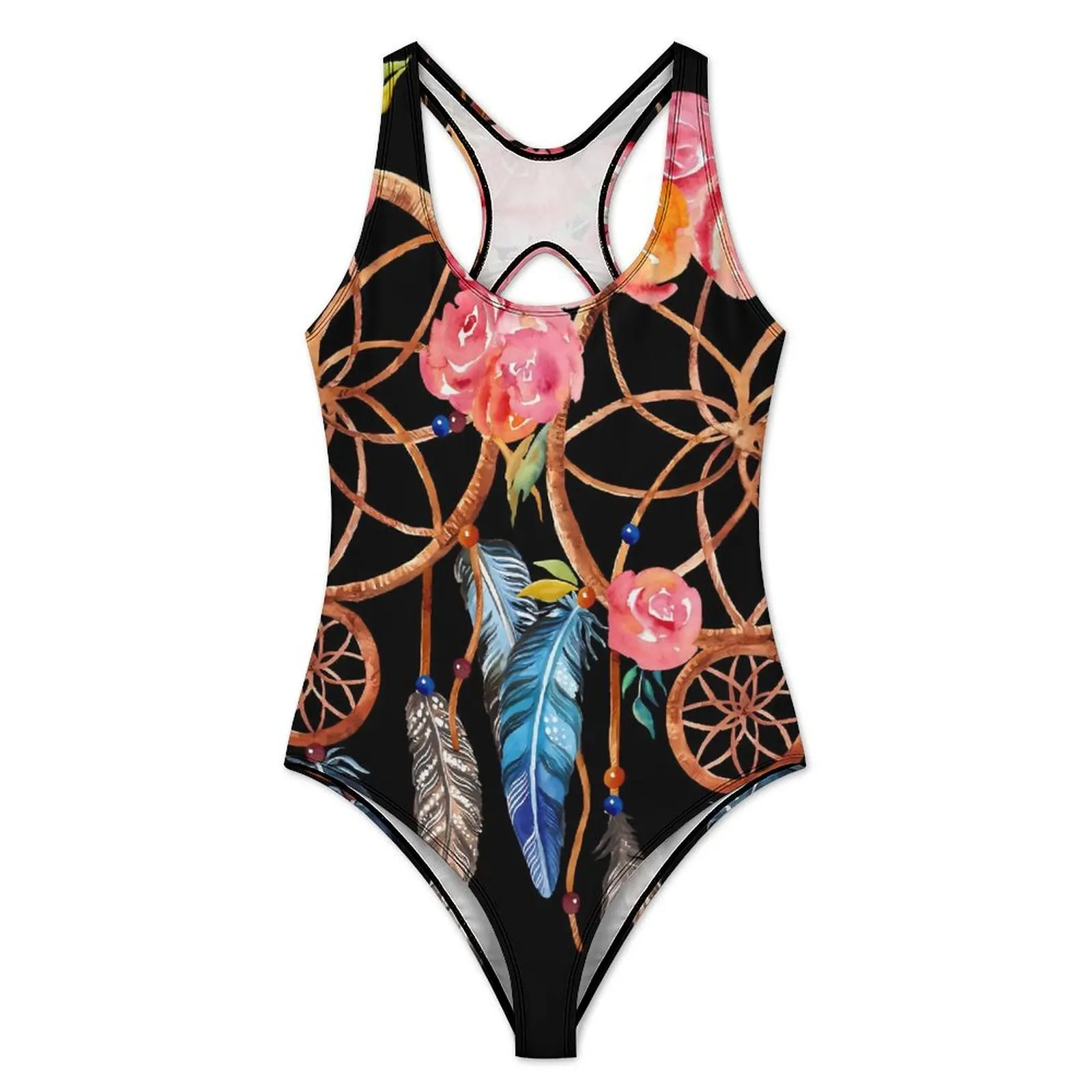 Dream Catcher Swimsuit Red Flower Print Push Up Swimwear One Piece Fitness Bathing Suits Swimsuits Graphic Beach Wear Plus Size