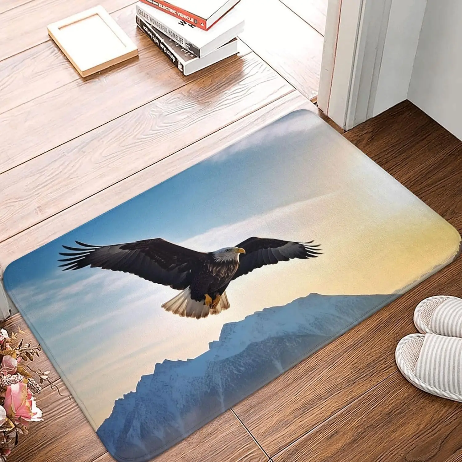 Soaring Bald Eagle Door Mat, Majestic Bird Mountain Sky Floor Mat, Nature Wildlife Entrance Rug, Non-slip Washable Living Room