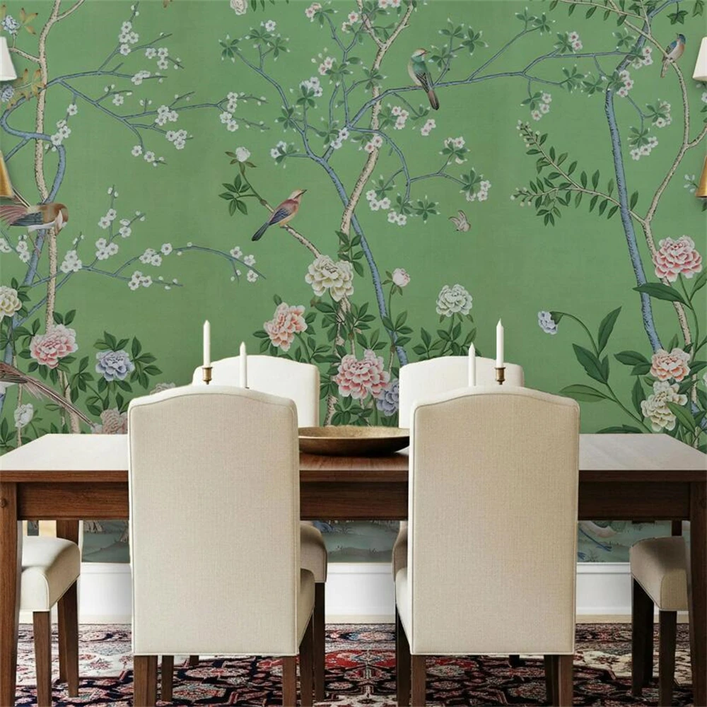 

custom Green Flower Bird New Chinese Non woven Wallpaper for Bedroom Background Wall paper Light Luxury Retro Wallpaper Stickers